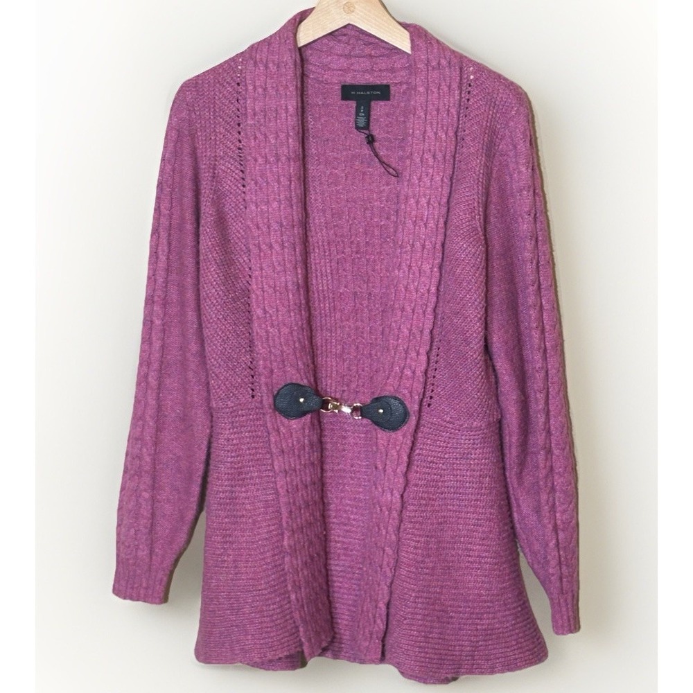 H By Halston Cardigan Women's S Wool Purple Buckle Detail Peplum Cozy Retro 80s